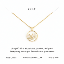Load image into Gallery viewer, Gold necklace with a golf-themed pendant on a white background, featuring Veravara branding.