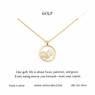 Gold necklace with a golf-themed pendant on a white background, featuring Veravara branding.
