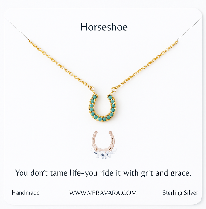 Gold horseshoe necklace with turquoise stones on a white background, featuring a quote and Veravara branding.