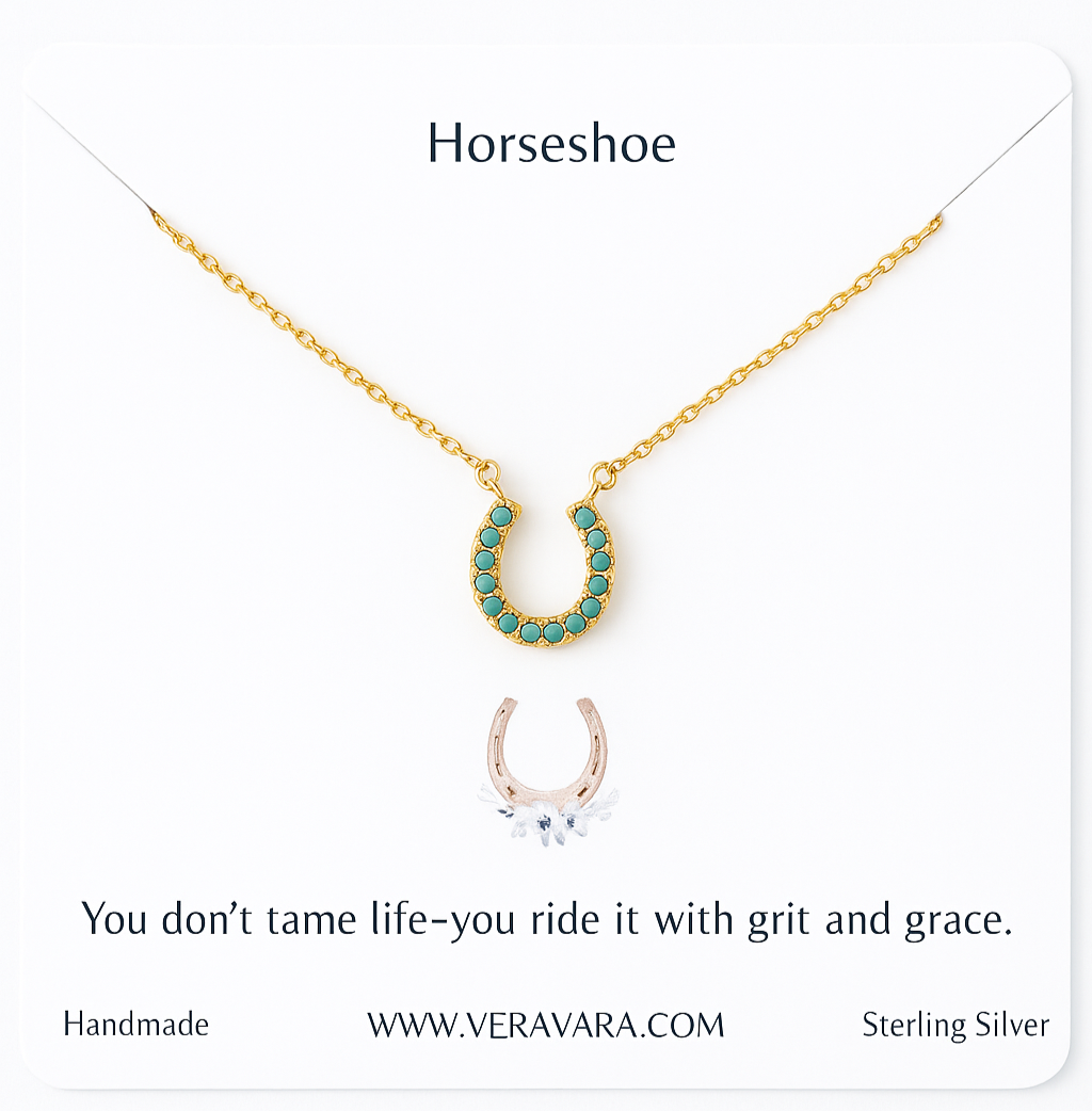 Gold horseshoe necklace with turquoise stones on a white background, featuring a quote and Veravara branding.